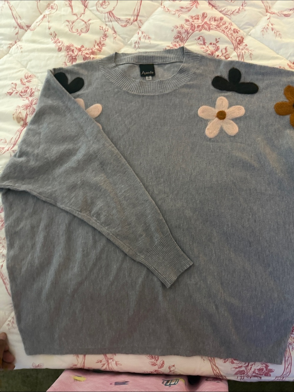 Avocado Light Blue Crewneck Sweater with Floral Appliqués
